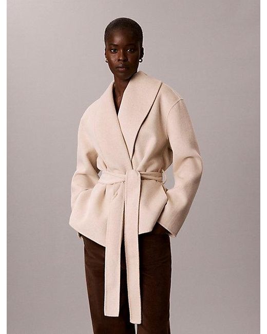 Calvin Klein Natural Wool Blend Shawl Collar Wrap Coat