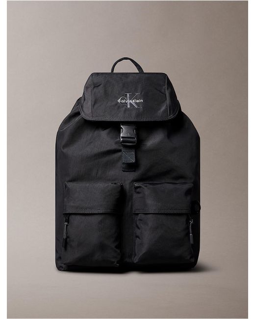 Calvin Klein Black Nylon Monogram Logo Top Flap Backpack for men