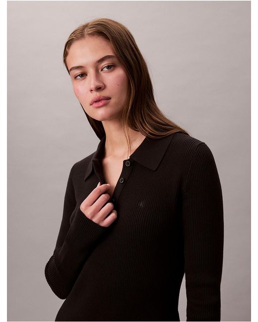 Calvin Klein Calvin Klein Cotton Rib V-Neck Polo Mini Dress in Black | Lyst
