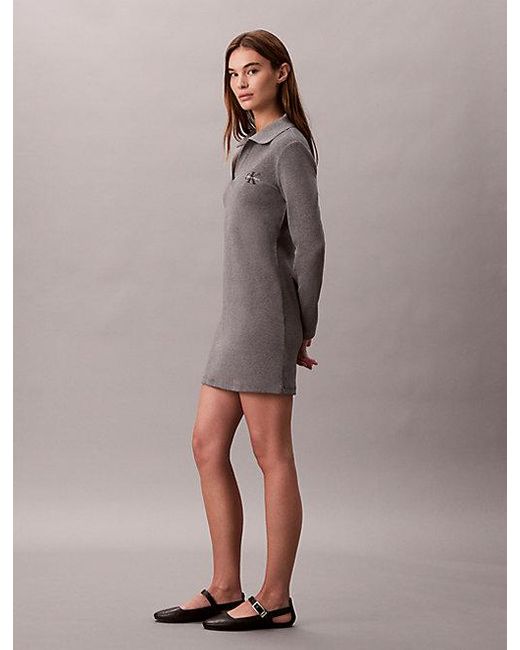 Calvin Klein Gray Jeans Slim Ribbed Cotton Polo Dress