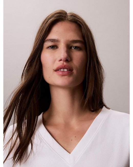 Calvin Klein White Ribbed Cotton V-Neck T-Shirt