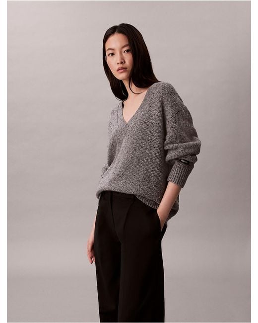 Calvin Klein Gray Chunky Relaxed V Neck Jumper
