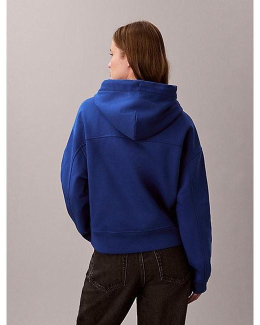 Calvin Klein Blue Jeans Fleece Script Logo Graphic Cropped Hoodie