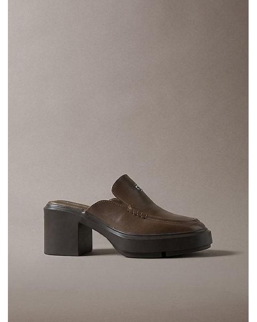 Calvin Klein Brown Leather Platform Block Heel Mules