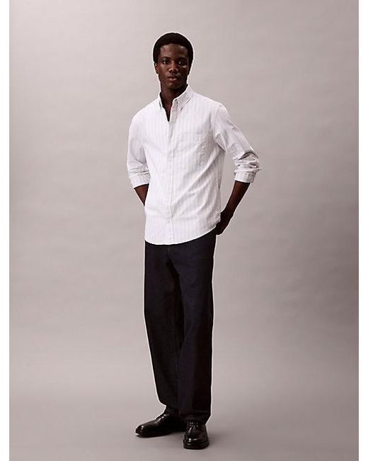 Calvin Klein White Jeans Stripe Oxford Classic Button Down Shirt for men