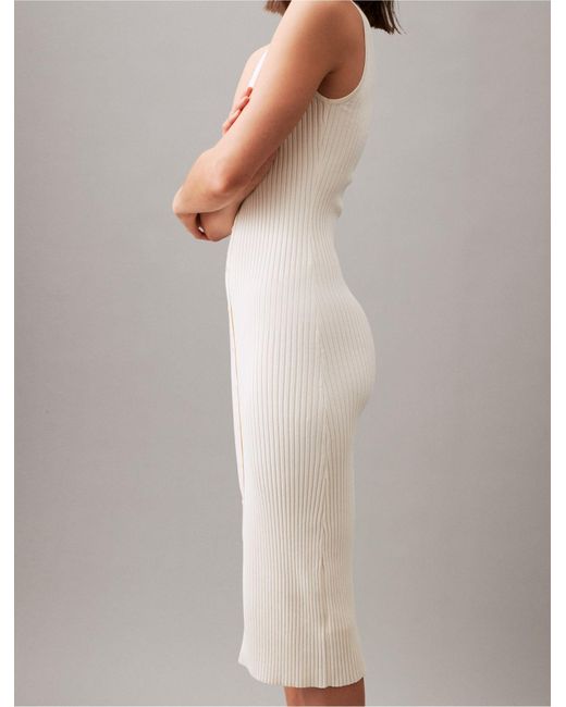 Calvin Klein White Smooth Cotton Rib V-neck Sweater Midi Dress