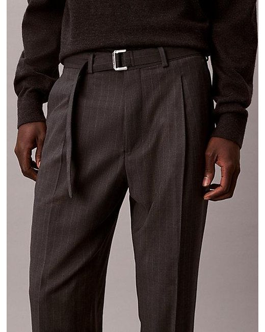 Calvin Klein Brown Straight Wool Blend Pinstripe Belted Trousers for men