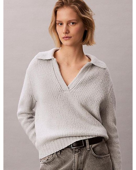 Calvin Klein Gray Jeans Merino Wool Boucle Polo Jumper
