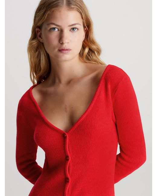 Calvin Klein Red Long Sleeve Knit Maxi Dress