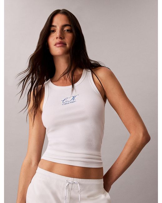 Calvin Klein White Embroidered Ck Logo Rib Tank Top