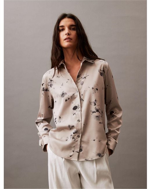 Calvin Klein Brown Satin Floral Print Classic Button-down Shirt