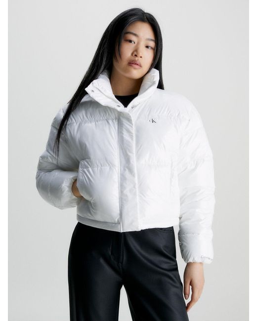 Calvin Klein White Cropped High Shine Puffer Jacket
