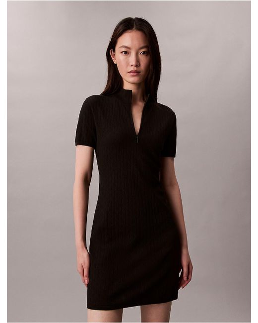 Calvin Klein Black Logo Jacquard Zip Neck Dress