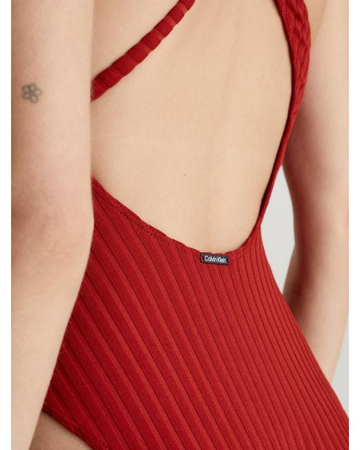 Calvin Klein Red One Shoulder Swimsuit - Archive Rib