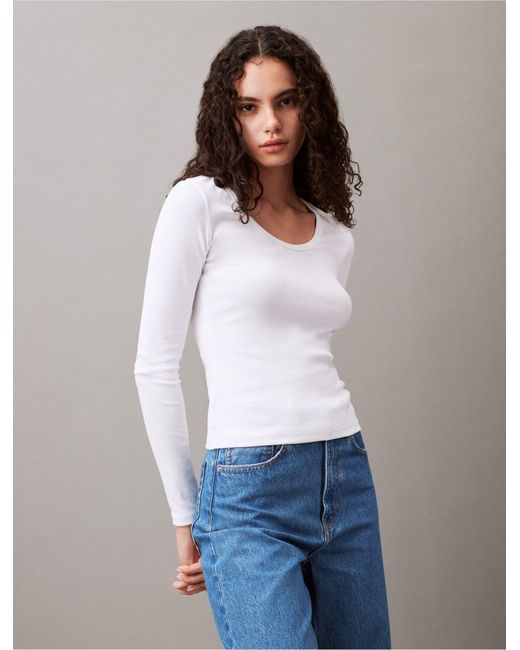 Calvin Klein White Cotton Contour Rib Slim Fit Long Sleeve T-shirt