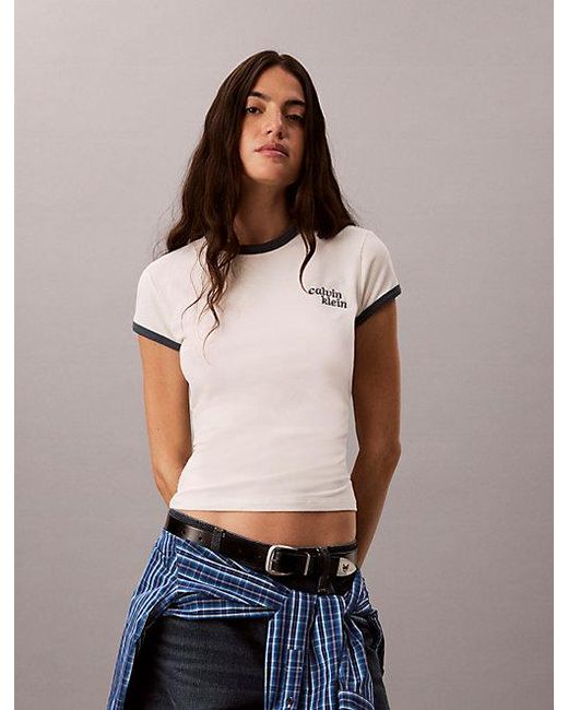 Calvin Klein White Ringer-T-Shirt Mit Besticktem Logo