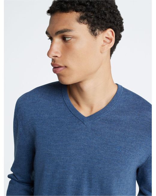 Calvin Klein Blue Extra Fine Merino Wool Blend V-neck Sweater for men