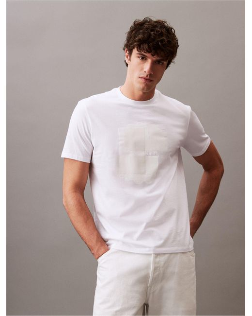 Calvin Klein White Flower Overlay Logo Graphic Crewneck T-shirt for men