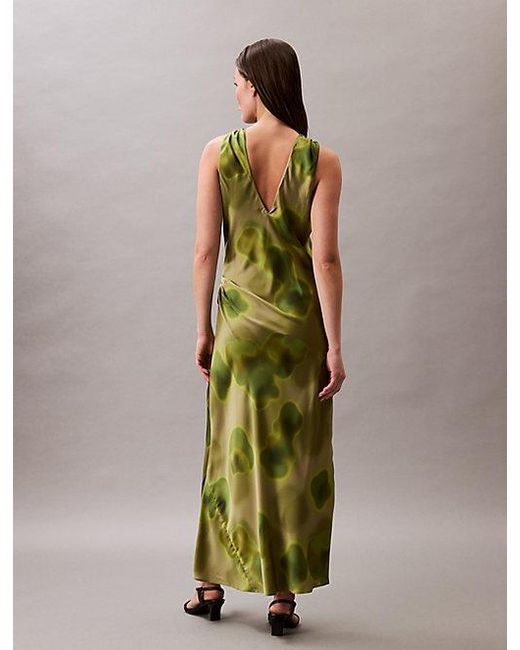 Calvin Klein Green Crushed Satin Floral Midi Dress