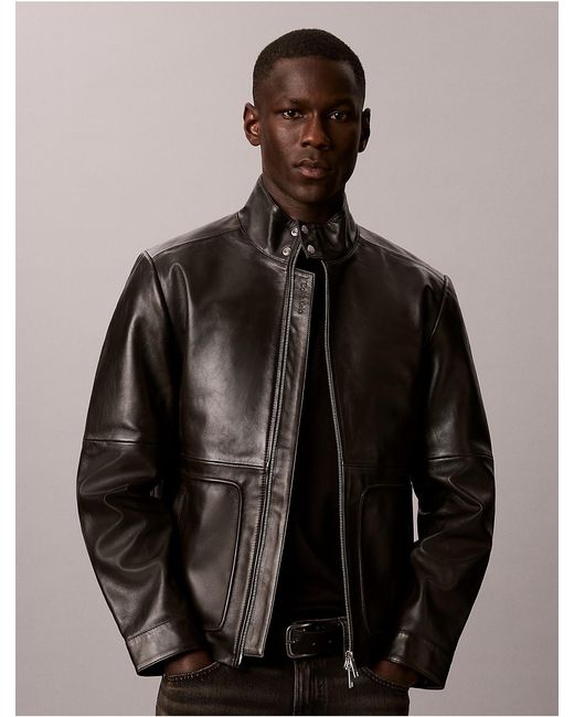 Calvin Klein Brown Lamb Leather Zip Jacket for men