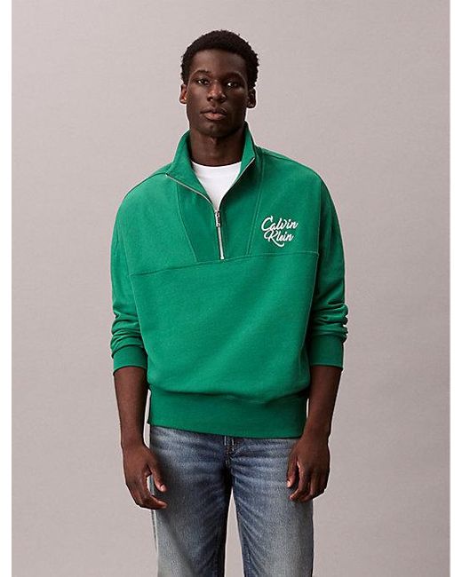 Calvin Klein Premium Fleece Relaxed Sweatshirt Met Kwart Ritssluiting in het Green voor heren