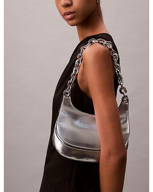 Calvin Klein White Engraved Linked Chain Metallic Shoulder Bag