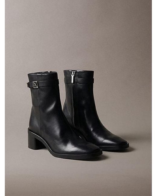 Calvin Klein Black Leather Block Heel Ankle Boots