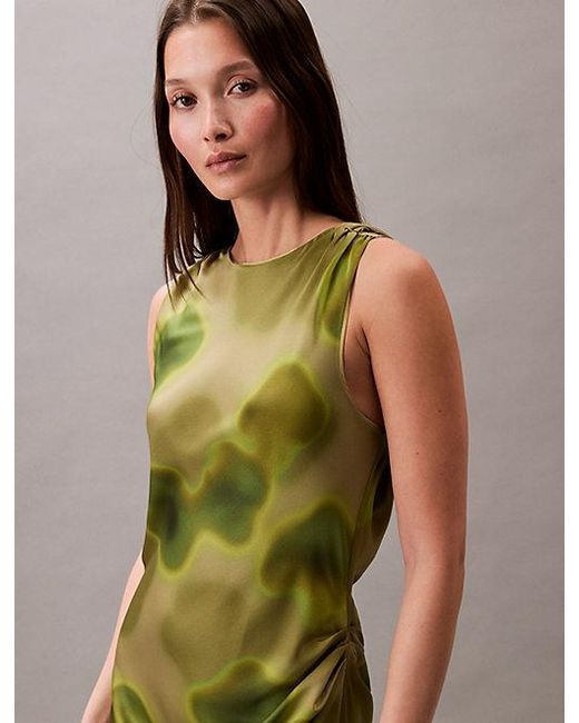 Calvin Klein Green Crushed Satin Floral Midi Dress