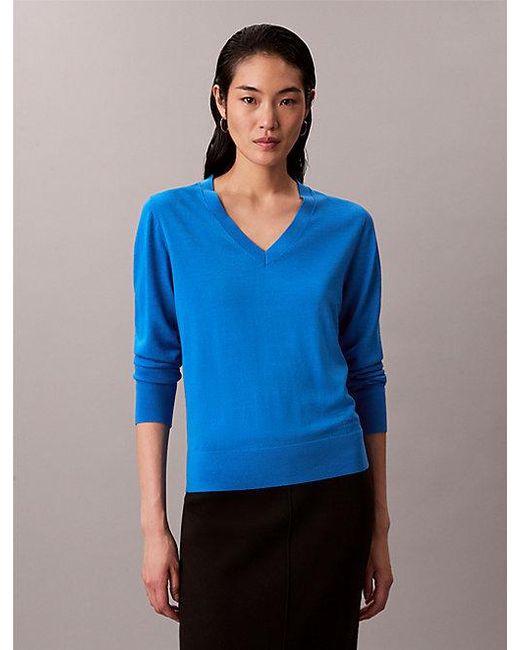 Calvin Klein Blue Merino Wool V Neck Jumper