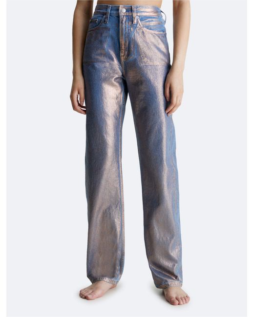 Calvin Klein Blue Metallic High Rise Straight Leg Jeans