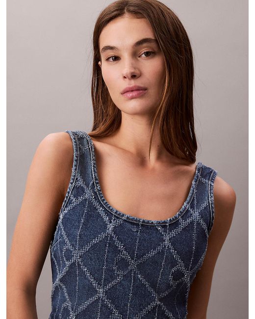 Calvin Klein Blue Denim Allover Monogram Cropped Tank Top