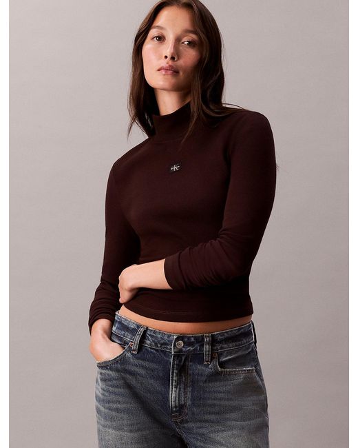 Calvin Klein Brown Ribbed Cotton Turtleneck Top