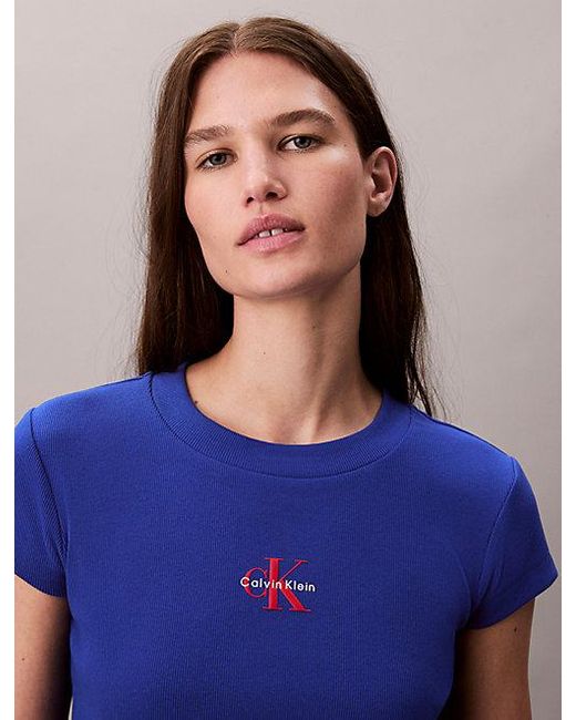 Calvin Klein Blue Jeans Slim Ribbed Cotton Logo T-Shirt