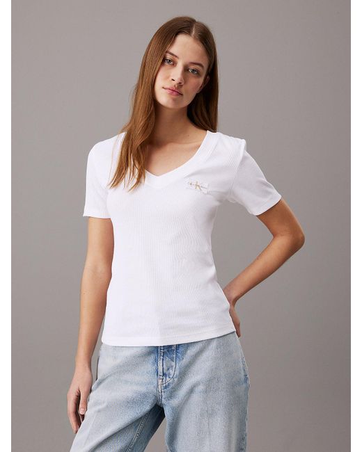 Calvin Klein White Ribbed Cotton V-neck T-shirt