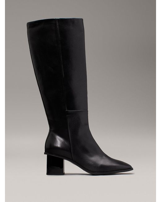 Calvin Klein Black Leather Square Toe Knee Boots