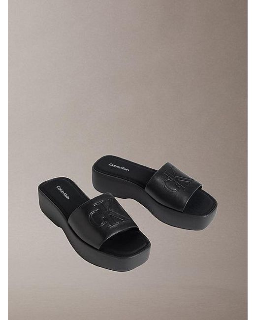 Calvin Klein Gray Amelia Leather Platform Sliders