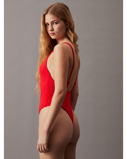 Calvin Klein Red Low Back Swimsuit - Ck Monogram Rib