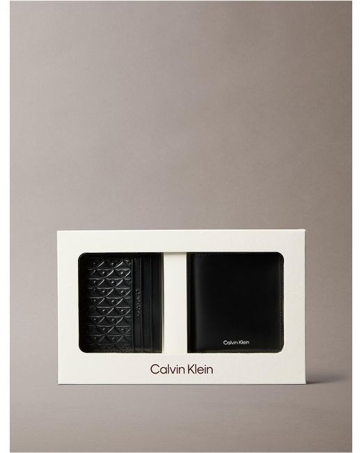 Calvin Klein Gray Bifold Wallet And Embossed Monogram Logo Card Case Set for men
