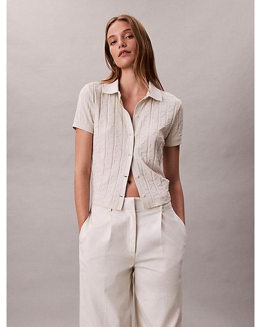 Calvin Klein Natural Jeans Allover Monogram Logo Jacquard Polo Top