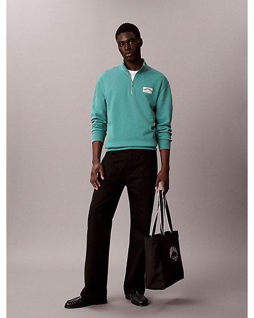 Calvin Klein Green Jeans Cotton Terry Quarter Zip Sweatshirt for men
