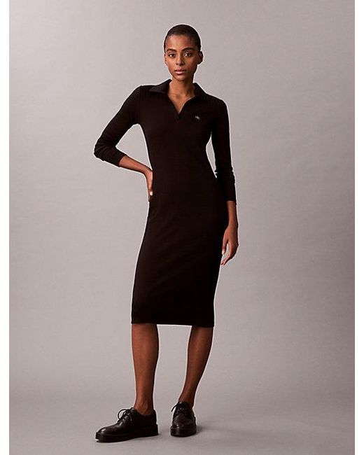 Calvin Klein Black Jeans Woven Monologo Rib Midi Dress