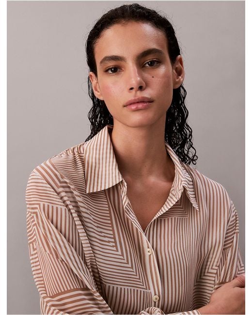 Calvin Klein Natural Chiffon Printed Classic Button-Down Shirt