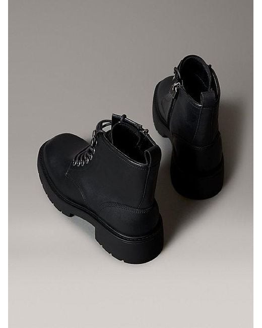 Calvin Klein Black Jeans Leather Chunky Heeled Lace Up Boots