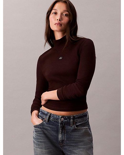 Calvin Klein Brown Jeans Ribbed Cotton Turtleneck Top
