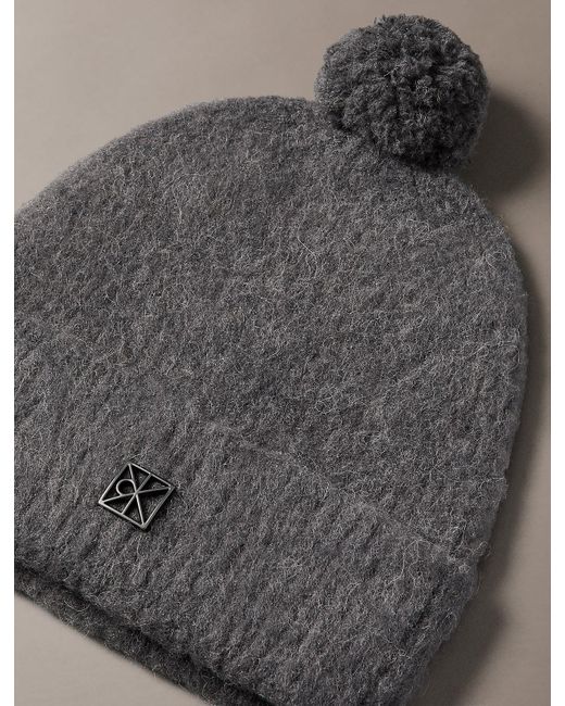 Calvin Klein Gray Wool Blend Emblem Logo Pom Pom Beanie for men