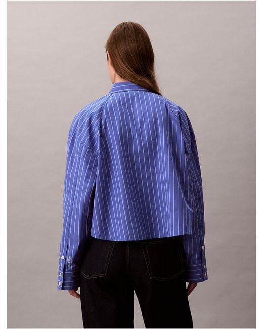 Calvin Klein Blue Stripe Cropped Boxy Button-Down Shirt