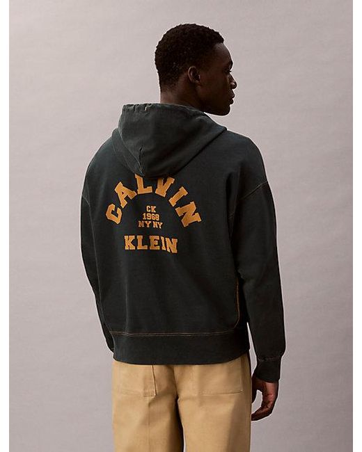 Calvin Klein Brown Jeans Washed Fleece Logo Graphic Relaxed Hoodie for men
