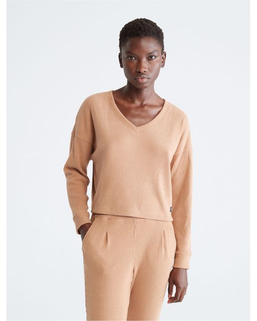 Calvin Klein Performance Ribbed Open V-neck Pullover Sweater in Natural |  Lyst