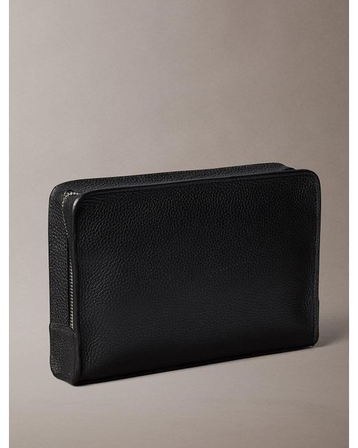 Calvin Klein Black Small Full-Grain Leather Logo Wash Bag for men