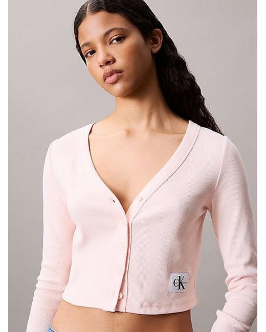 Calvin Klein White Cropped Cardigan Aus Gerippter Baumwolle